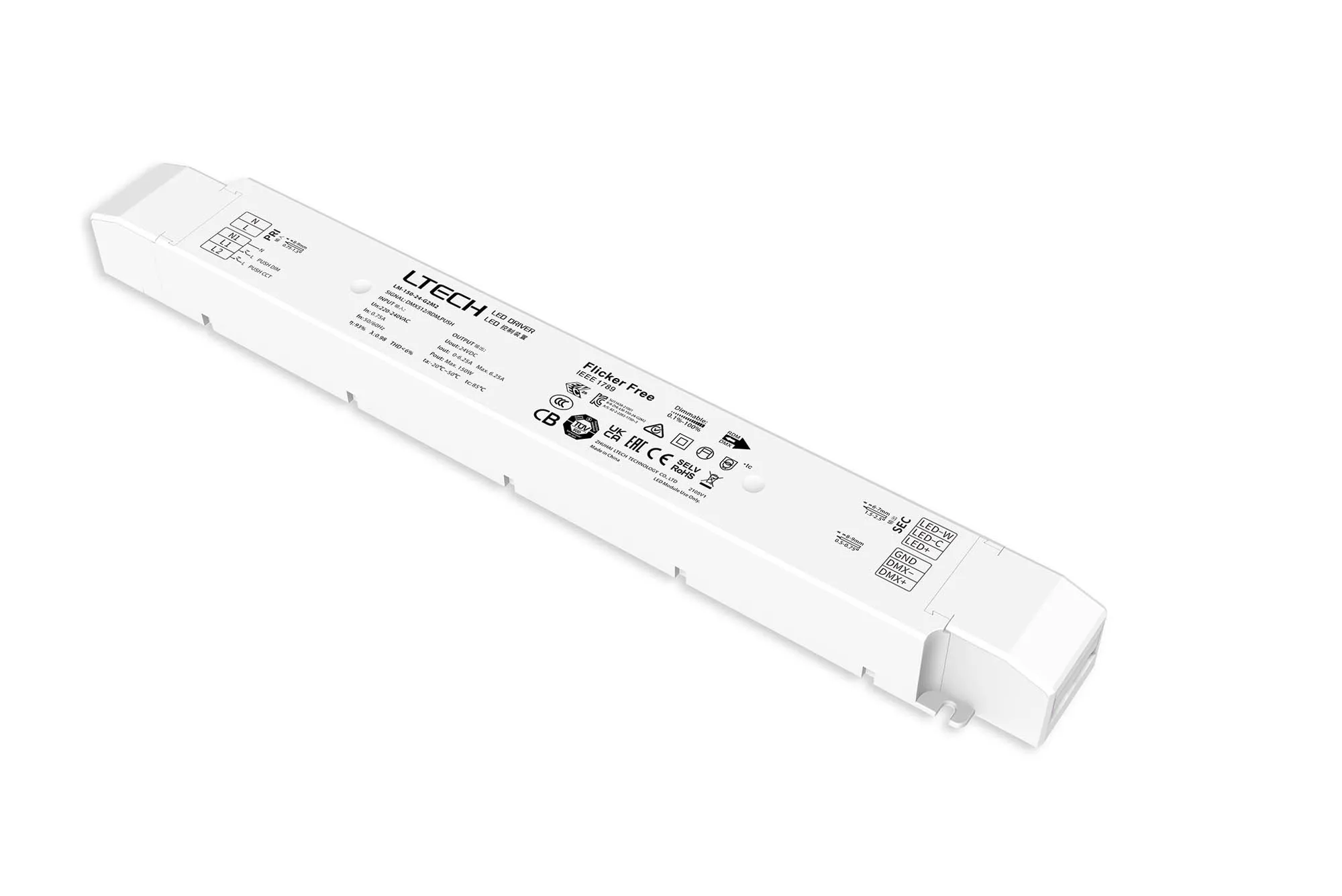 DMX512/RDM/Push DIM/CCT, 0-100% Dim, CV 150W, 24Vdc 6.25A, 200-240Vac, IP20, 5yrs Warranty. LM-150-24-G2M2  LTECH DMX Constant Voltage